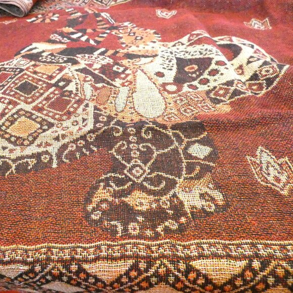 Silk Cashmere Scarf Red Brown Thailand Gold Embossed Elephants Lucky Pashmina NW - Picture 5 of 7